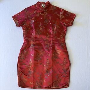 Jin Hon Red Dragon Phoenix Satin Qipao Cheongsam Dress Mandarin Collar Size 48